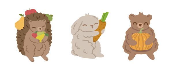 Cute autumn woodland animal collection with hedgehog, rabbit and bear holding fruit, carrot and pumpkin. Cozy seasonal characters isolated on white, flat vector illustration.