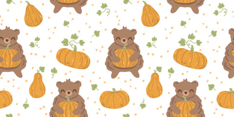 Obraz premium Seamless autumn pattern with cute bears holding pumpkins, squash, leaves and vines. Cozy woodland background for fabric and wrapping paper, flat vector illustration.