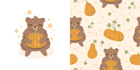 Fototapeta premium Cute bear holding a pumpkin with matching seamless autumn pattern. Cozy woodland design for fabric, wrapping paper and nursery decor, flat vector illustration.