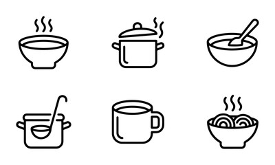 Fototapeta premium Hot Food Icons, Steaming Bowls, Cooking Pots, Soup, Noodles, Coffee Mug, Culinary Vector Set