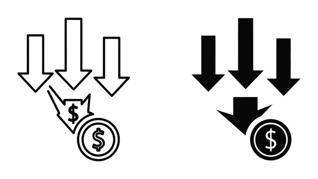 Financial Downward Trend Icons Showing Decreasing Value and Falling Currency Prices in Minimalist Style