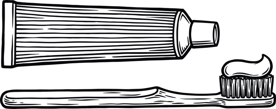 Engraving style vector of a plastic toothpaste tube paired with a classic toothbrush holding fresh mint paste