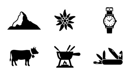 Obraz premium Swiss Alps Icons: Mountain, Edelweiss, Watch, Cow, Fondue, Knife Set