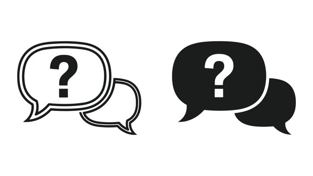 Question mark speech bubble icons set featuring outline and solid black vector graphic designs