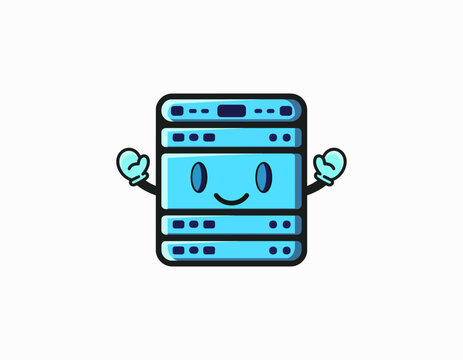 Cute blue computer server mascot with a smiling face and raised arms