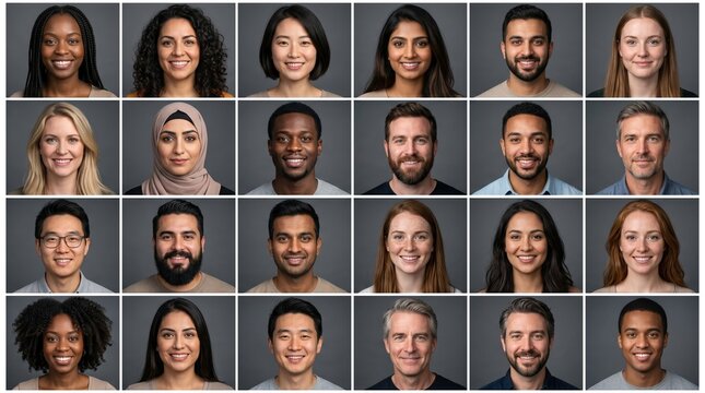 Grid featuring many headshots of diverse men and women from various ethnic backgrounds. This collage represents unity, inclusion and a positive community. Ideal for corporate team profiles.