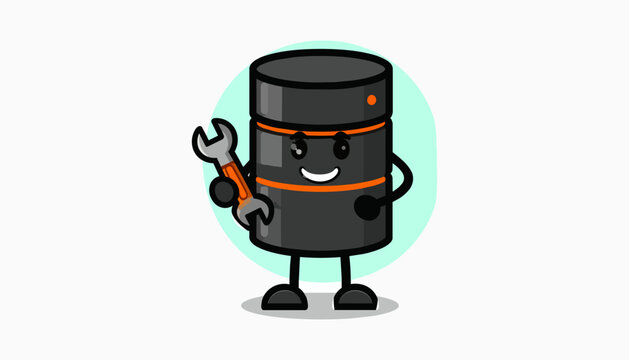 Database mascot character holding a wrench for maintenance