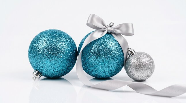 Sparkling teal and silver christmas ornaments with ribbon festive holiday decor