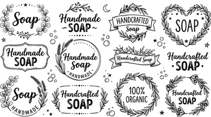Handcrafted natural organic soap label badge bundle with vintage botanical wreaths floral frames and hand drawn lettering typography © MdAnarulIslam