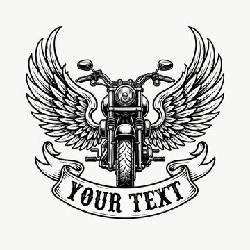 Vintage motorcycle emblem with wings and ribbon for custom text motorcycle illustration transport motorcyclist monochrome engraving detailed insignia template decoration isolated