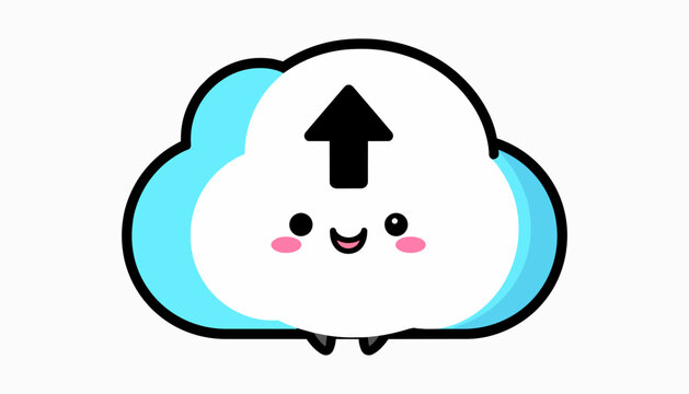 Kawaii smiling cloud character with black upload arrow