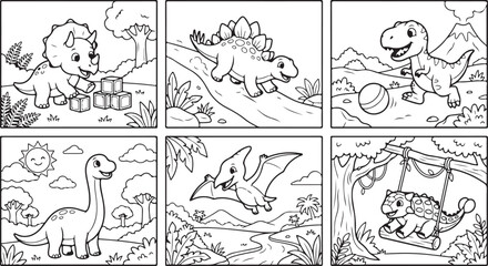 Set of cute baby dinosaurs for coloring book page illustration for kids © OMESA
