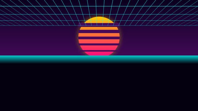 Retro Synthwave Sunset Landscape with Glowing Horizon Grid and Vaporwave Aesthetics for Digital Art Backgrounds