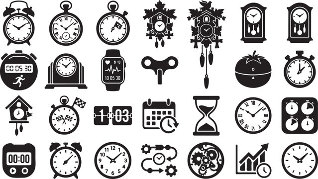 Set of black clock and time icons showing various watches and vintage timekeeping devices