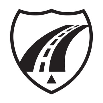 Road shield icon with winding highway and dashed lane markings for transportation and logistics branding