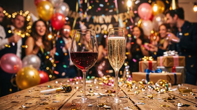 Festive christmas and new year celebration with champagne and red wine glasses
