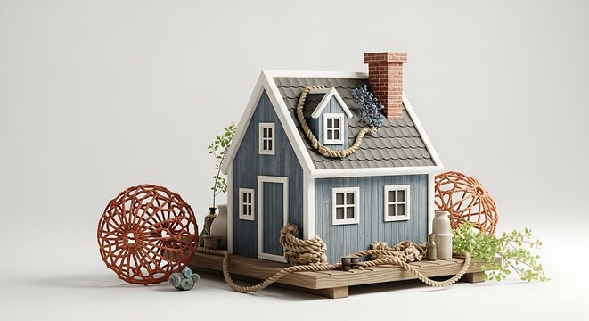 Miniature blue house model on a wooden base with decorative rustic elements
