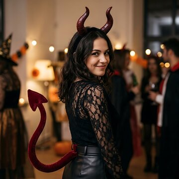Young woman dressed as a devil with horns and tail. Festive costume for Halloween or costume party.