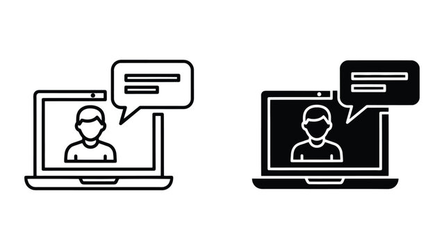 Video conferencing laptop icons showing a person in a speech bubble in a minimalist vector style