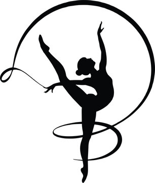 Silhouette of rhythmic gymnast performing with ribbon on white background rhythmic gymnastics dancer