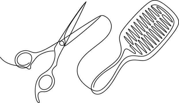 Professional hairdressing tools graphic vector design showing steel salon scissors alongside a modern plastic paddle hair brush