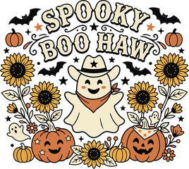 Fototapeta premium Spooky boo halloween shirt design with cowboy ghost pumpkins sunflowers fall festive apparel graphic