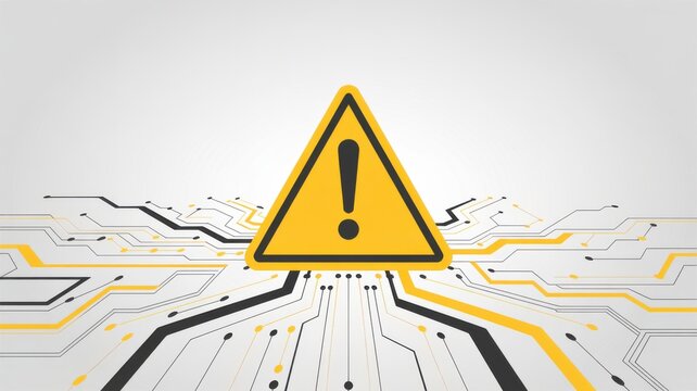 Yellow Warning Sign With Exclamation Mark On Digital Circuit Background
