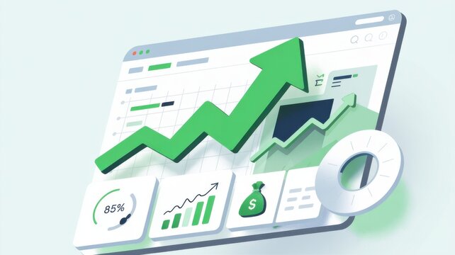 Business Growth Concept with Rising Graph and Financial Icons on Laptop Screen