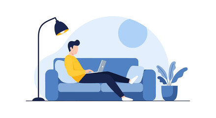 Fototapeta premium Man sitting on couch with laptop.