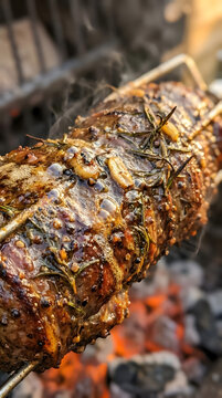 Seasoned meat roast cooking on rotisserie over hot charcoal embers.