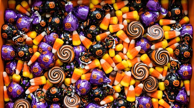 Festive halloween candy assortment a colorful mix of chocolate corn candy and swirl lollipops for trick or treat