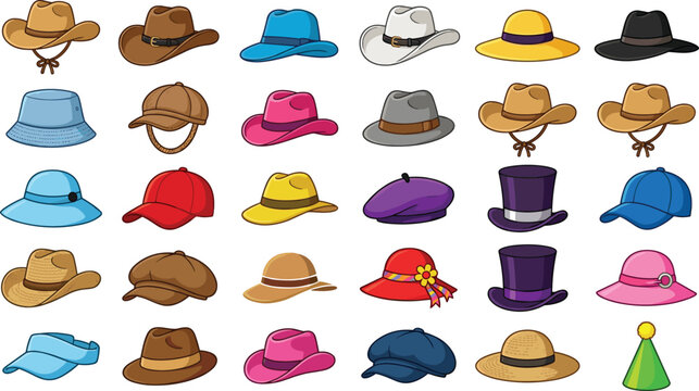 Hat Collection Vector Set &mdash; Cowboy, Fedora & Cap Illustrations