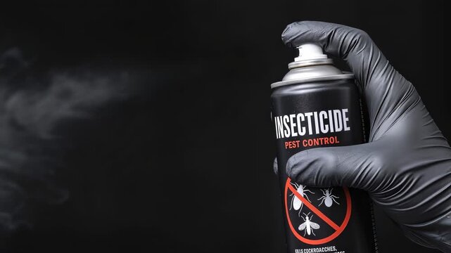 Gloved hand spraying insecticide from aerosol can for pest control. Close-up shot with panning movement.