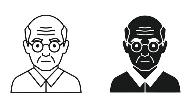 Elderly man avatar icon set featuring a bald senior character with glasses in line and solid style