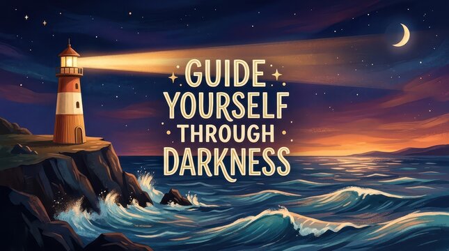 Lighthouse beam guides through dark ocean at night with crescent moon and stars, inspirational quote "Guide Yourself Through Darkness"