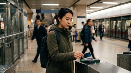 Obraz premium Diverse person using contactless card on public transportation payment system urban mobility daily commute concept.