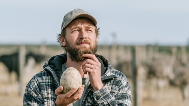 Ostrich farmer holding an ostrich egg in a farm while thinking. Concept of quiz, consultation and trivia about ostrich farming.