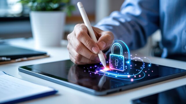 Hand Drawing Digital Security Lock Icon on Tablet with Cyber Network Background