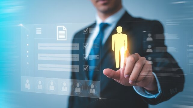 Business professional holding glowing human icon for leadership and innovation concept