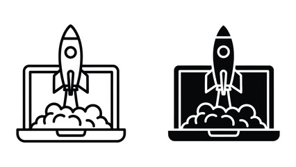 Launching Rocket from Laptop Screen Vector Illustration in Minimalist Black and White Style © Fahad