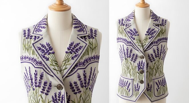 Stylish feminine vest featuring an embroidered lavender floral pattern, clothing