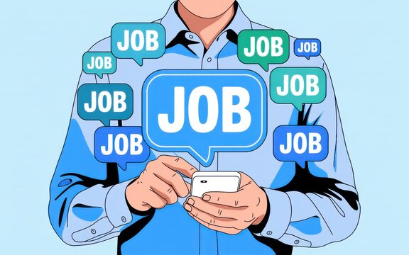Professional holding smartphone with multiple job offer speech bubbles on blue background