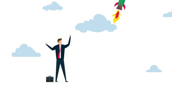 nimation of Boost your income, happy businessman company owner or investor with dollar money sign launch rocket booster high in sky