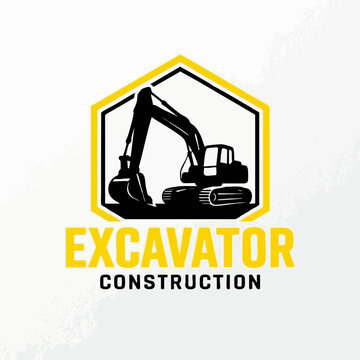 Excavator construction equipment vector logo design with heavy equipment construction site excavator construction machinery industry building hexagonal engineering infrastructure development