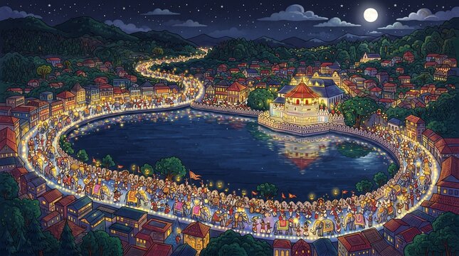 Vibrant Illustration of Kandy Esala Perahera Festival Procession Surrounding the Sacred Lake at Night