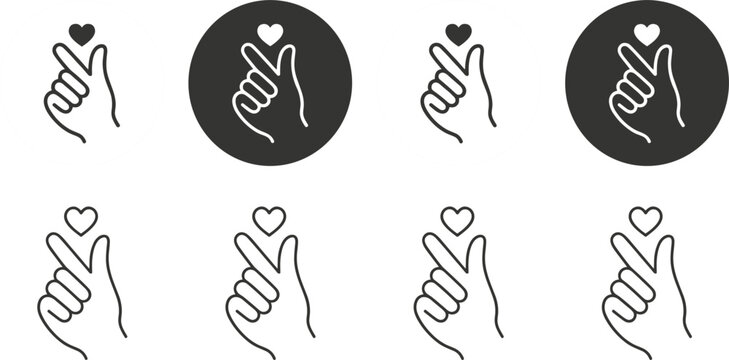 Korean finger heart sign vector icons set with hand gesture snapping fingers for love romance pop culture graphics