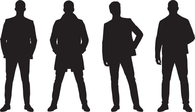 Four Stylish Men Standing in Different Fashion Poses Silhouette Collection Isolated on White Background

High-quality vector-style silhouette collection featuring four stylish men standing in 