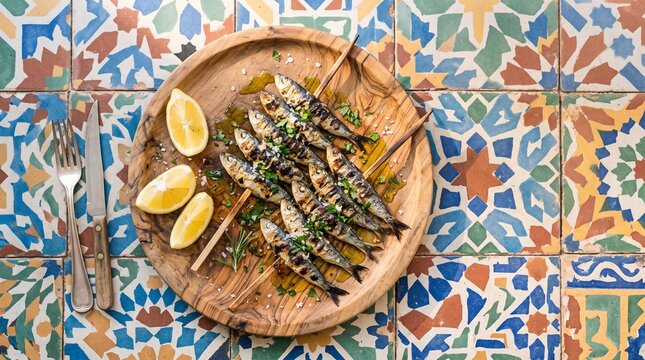 Top down view of Spanish grilled sardine skewers on traditional tile table with copy space