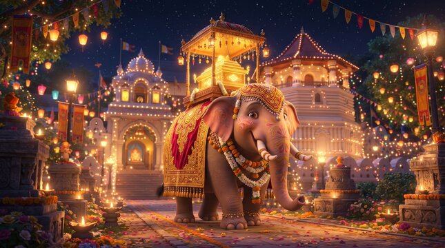 Cute Animated Elephant Carrying Sacred Golden Casket in Illuminated Temple Procession at Night