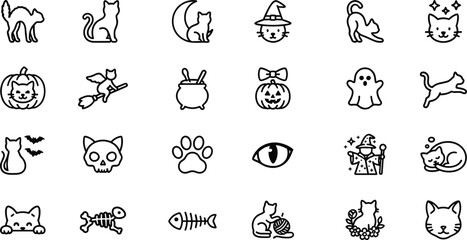 Fototapeta premium Halloween Black Cat Icon Set with Spooky Outline Line Art Symbols for Autumn Holiday Party Decorations Crafts Mobile Apps and Festive Digital Designs